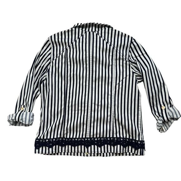 CHICOS Blue White Stripe Sateen Cotton Crochet Jacket Size Small (0) Gold Button - Picture 5 of 11